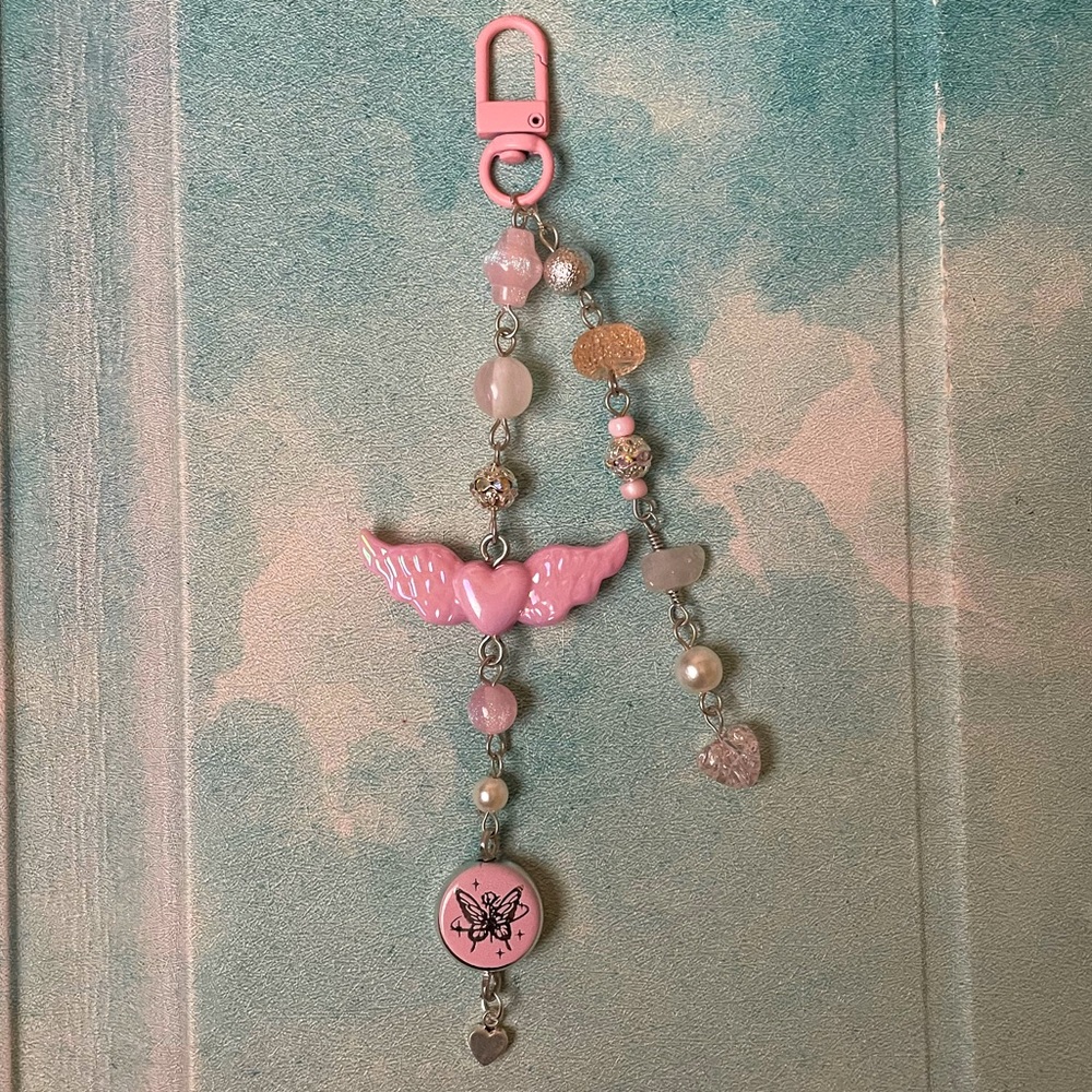 Pink butterfly and angel wing keychain